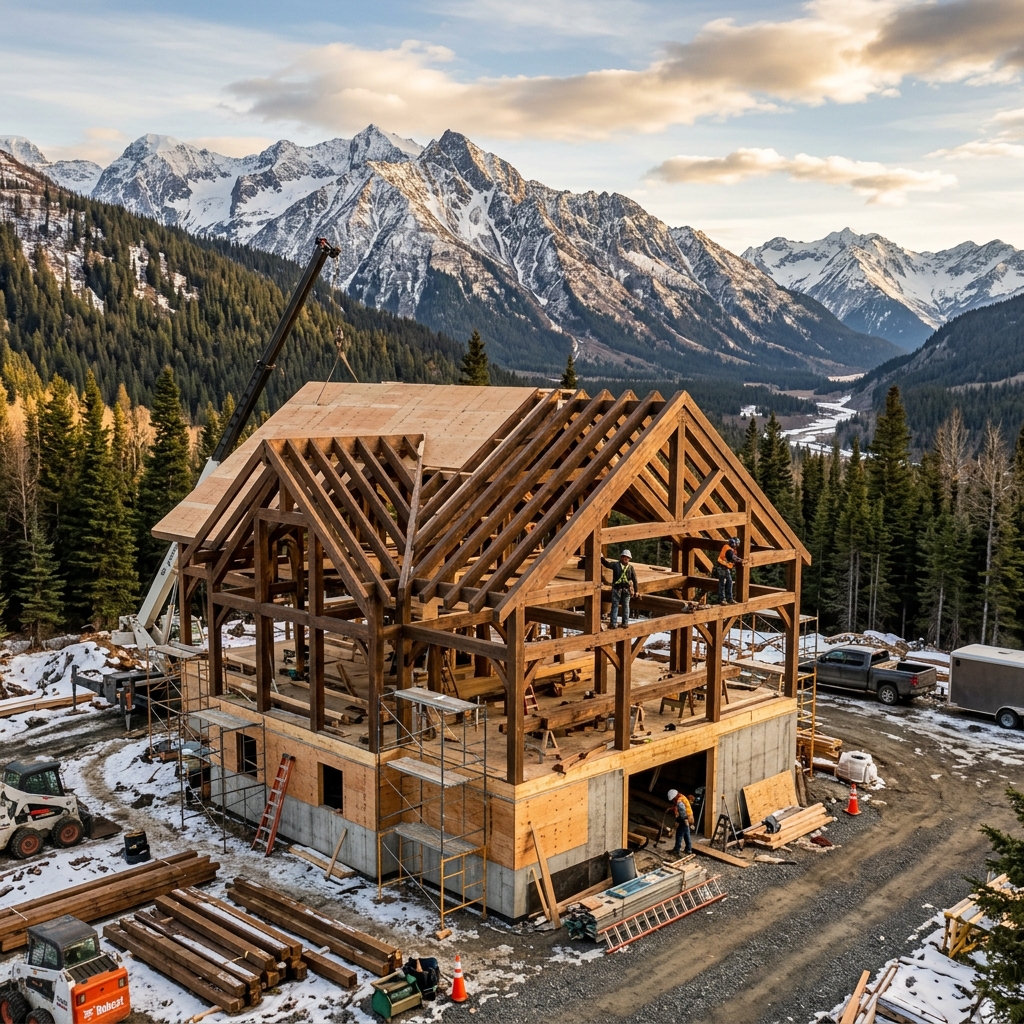 Alaska construction jobsite — framed home with mountains behind